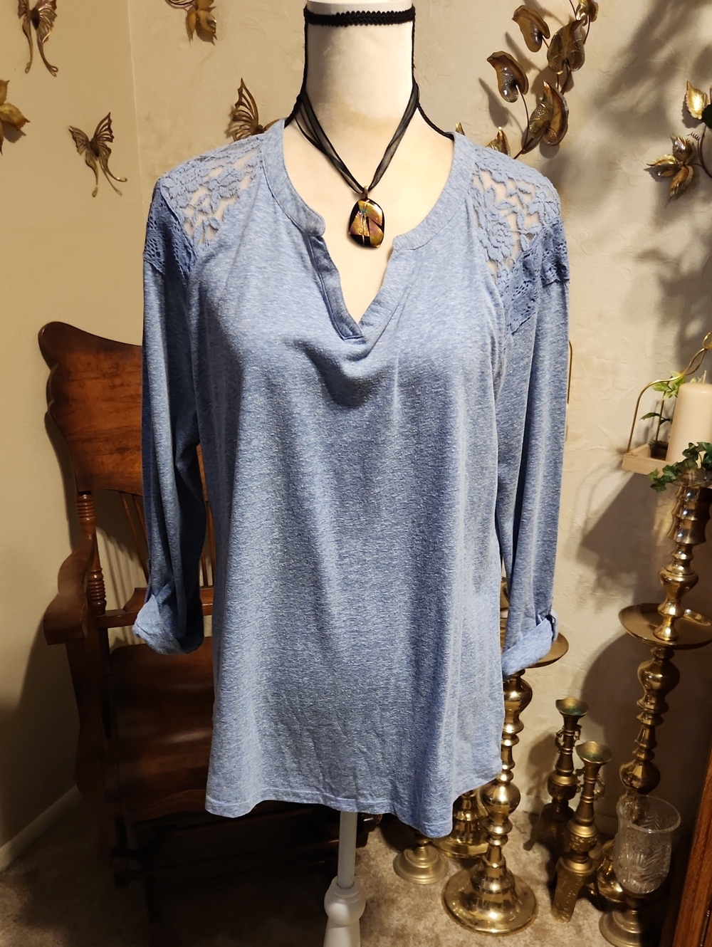 Sonoma Light Blue Lace-Shoulder Long Sleeve Top
